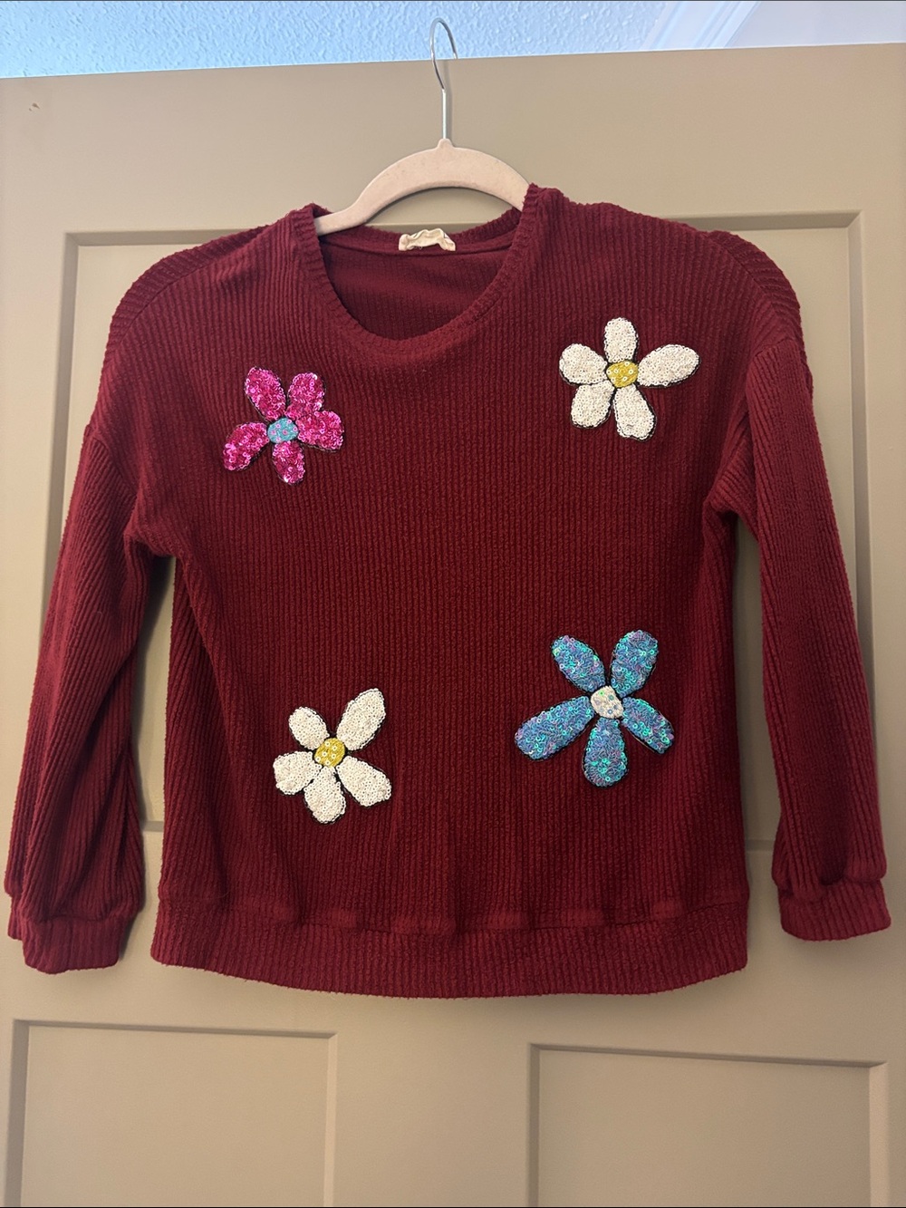 Hayden Girls Burgundy Sweater with Sequin Flower Appliqués